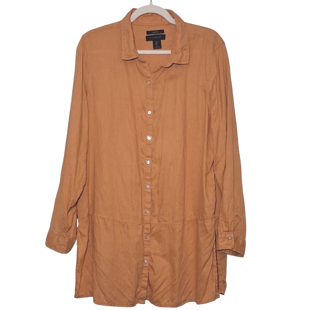 Tahari 100% Linen Button Down Tunic Shirt L Mustard Ochre Tan Boho Natural